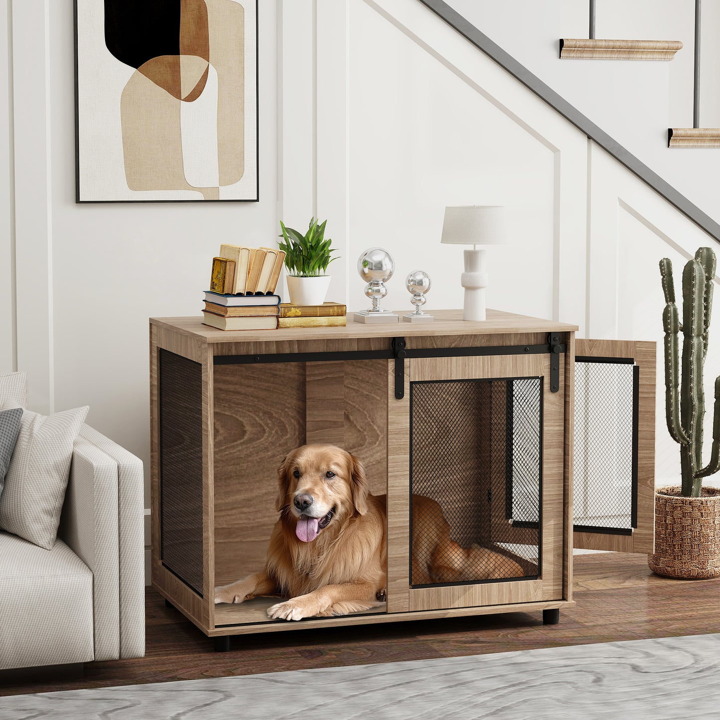 Hondenbench – Hondenhok – Dierenkooi – Hondenkooi – Reisbench – Duurzaam Spaanplaat – Schuifdeuren Met Slot – 98x60x78 cm – Lichtbruin