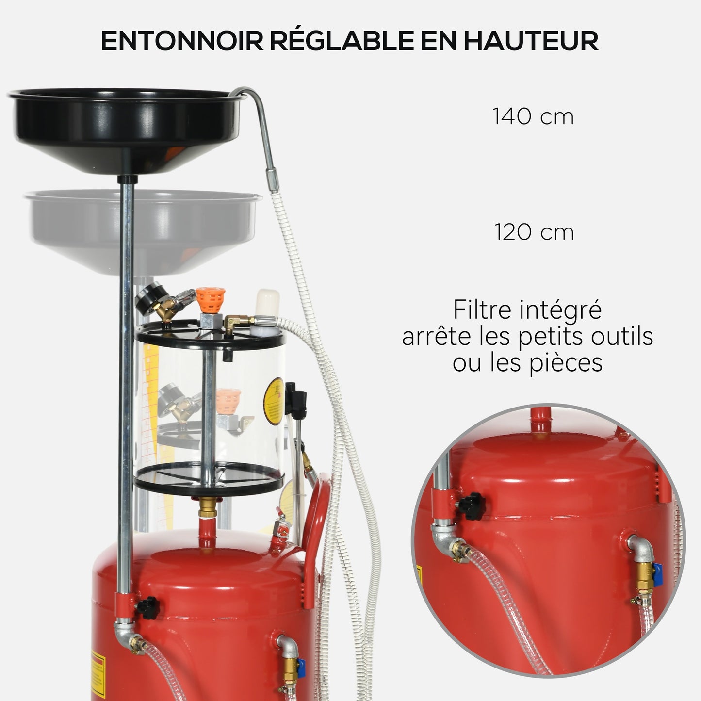 Olieafvoer – Olieopvangbak – Olieopvang – Olieopvangset – Olieafzuiger – 80 Liter Capaciteit – Verstelbare Trechterhoogte 120-140 cm – Pneumatisch & Handmatig – Mobiel Met Wieltjes – Rood