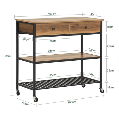 Keukentrolley – Serveerwagen – Mobiele Trolley – Barwagen – Keukenrek – Industrieel Design – Vintage Look – 2 Laden en 2 Open Planken – 4 Zwenkwielen met Rem