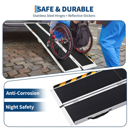 Draagbare Oprijplaat – Rolstoel Oprijplaat – Toegangshelling – Mobiliteitshelling – Oprijbrug – Aluminium Frame – Anti-Slip Zwart Leer – 182,88 cm Lang – Lichtgewicht & Stevig