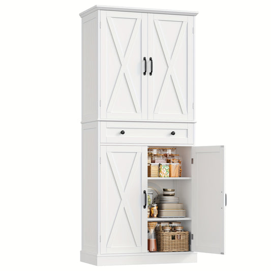 Kealive 181.5cm Kitchen Cabinet Buffet Cabinet Tall Cabinet Kitchen Buffet with 4 Doors And Drawer, Multi-Purpose Cabinet for Living Room Kitchen White Shipped In 2 Package,  Storage Solution, Modern Cabinet, Contemporary Fur