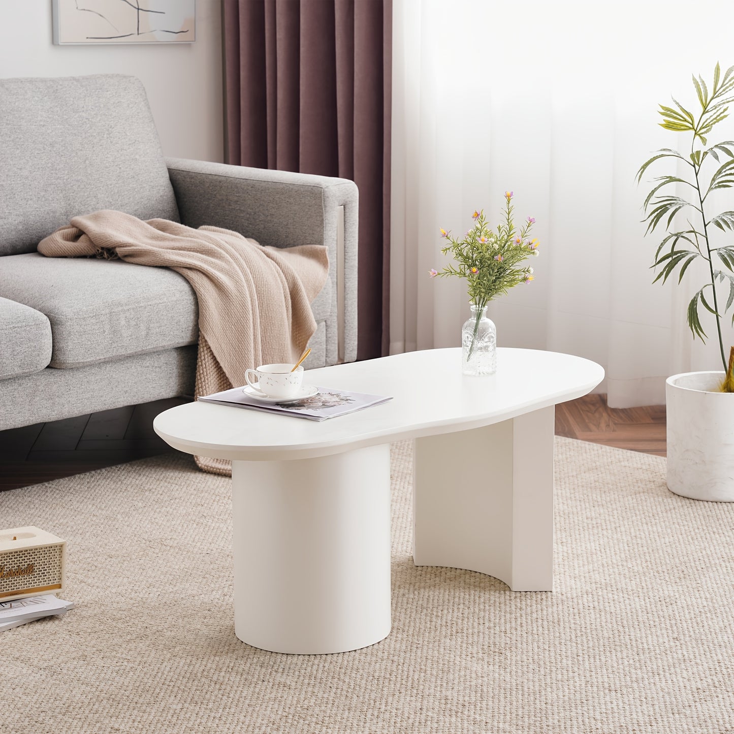 100cm Modern White Curved Coffee Table - Large Oval-like MDF Tabletop with Easy Assembly, Durable Baked Lacquer Surface & Irregular Shape for, Office - Minimalist Furniture (No Wood, Fits Scandinavian/ Decor)