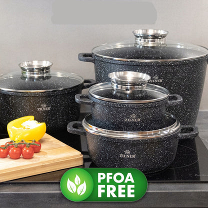 Keukenset – Pannenset – Kookgerei – Koekenpannen – Pannen met deksel – 17-delig met 10L soeppan – Duurzame antiaanbak marmercoating
