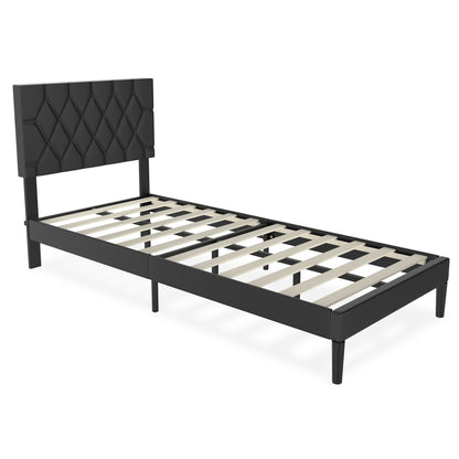 Upholstered Bed Frame Upholstered Bed with Headboard and Slatted Frame Bed Metal Platform Bed Frame Mattress Foundation, Leather, Beige/Black