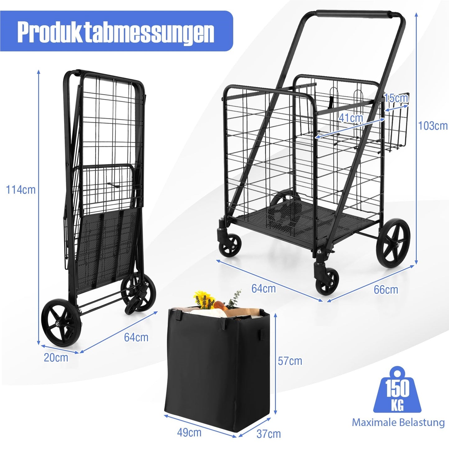 Boodschappentrolley – Opvouwbare Winkelwagen – Trolley Op Wielen – Handkar – Boodschappenkar – Zwart – Dubbele Grote Manden – Tot 150 kg Draagkracht