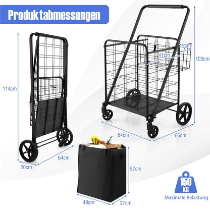 Boodschappentrolley – Opvouwbare Winkelwagen – Trolley Op Wielen – Handkar – Boodschappenkar – Zwart – Dubbele Grote Manden – Tot 150 kg Draagkracht