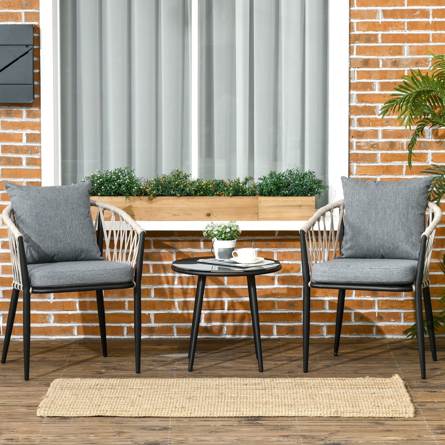 Tuinset – Bistroset – Balkonset – 2-Persoons Zitgroep – Loungeset – 2 Fauteuils Met Kussens – Rond Tafeltje Met Geharde Glasplaat – Weerbestendig Metalen Frame – Compact Ontwerp