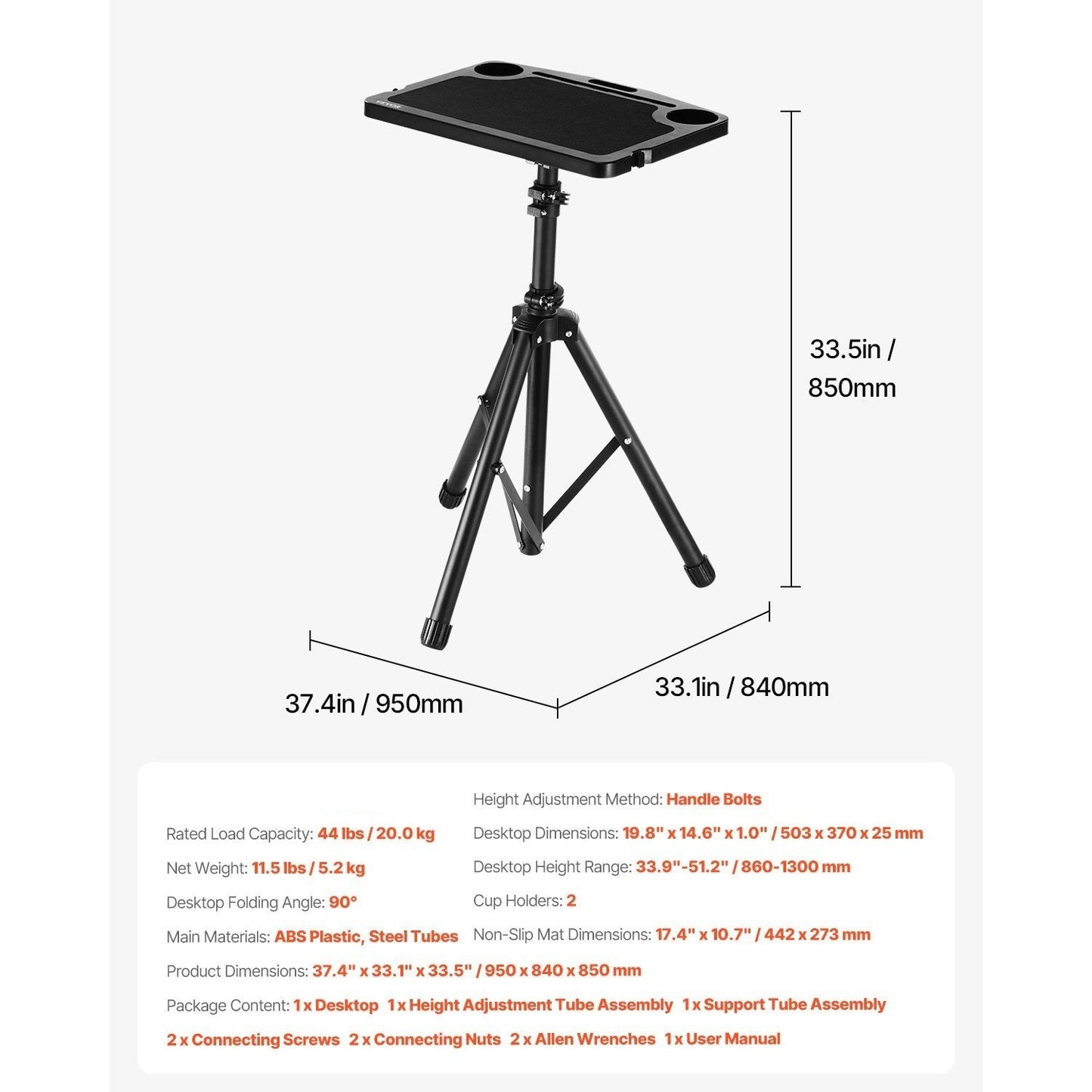 Fietsbureau – Hometrainer Bureau – Loopband Bureau – Sta Bureau – Fitness Bureau – Verstelbaar 86-130 cm – Stevig ABS Werkblad 50 cm