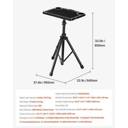 Fietsbureau – Hometrainer Bureau – Loopband Bureau – Sta Bureau – Fitness Bureau – Verstelbaar 86-130 cm – Stevig ABS Werkblad 50 cm