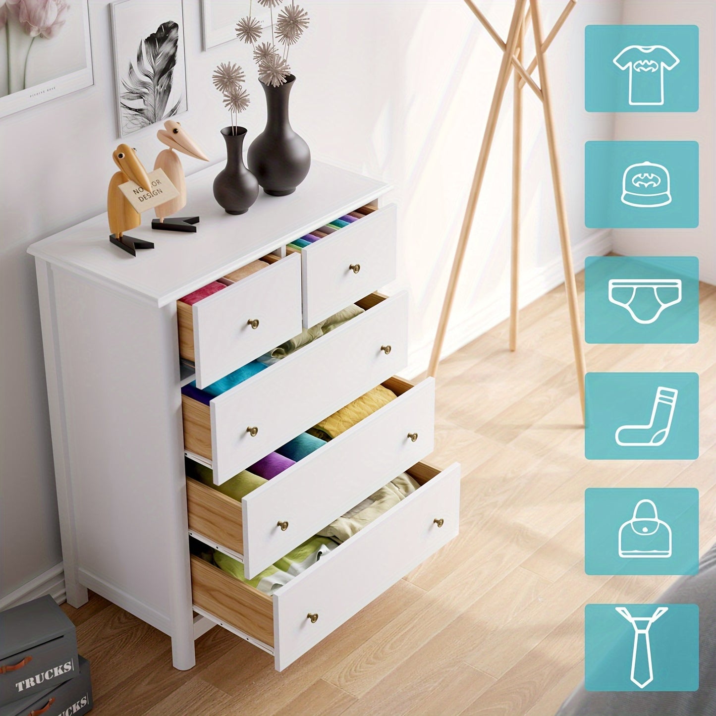 Kealive Modern White 5-Drawer Tall Dresser with Rounded Legs - Freestanding Storage Cabinet with Spacious Drawers, Easy Assembly, Glossy Painted Finish, Space-Saving Design for Bedroom, Living Room, Hallway - Sturdy Modern Fu