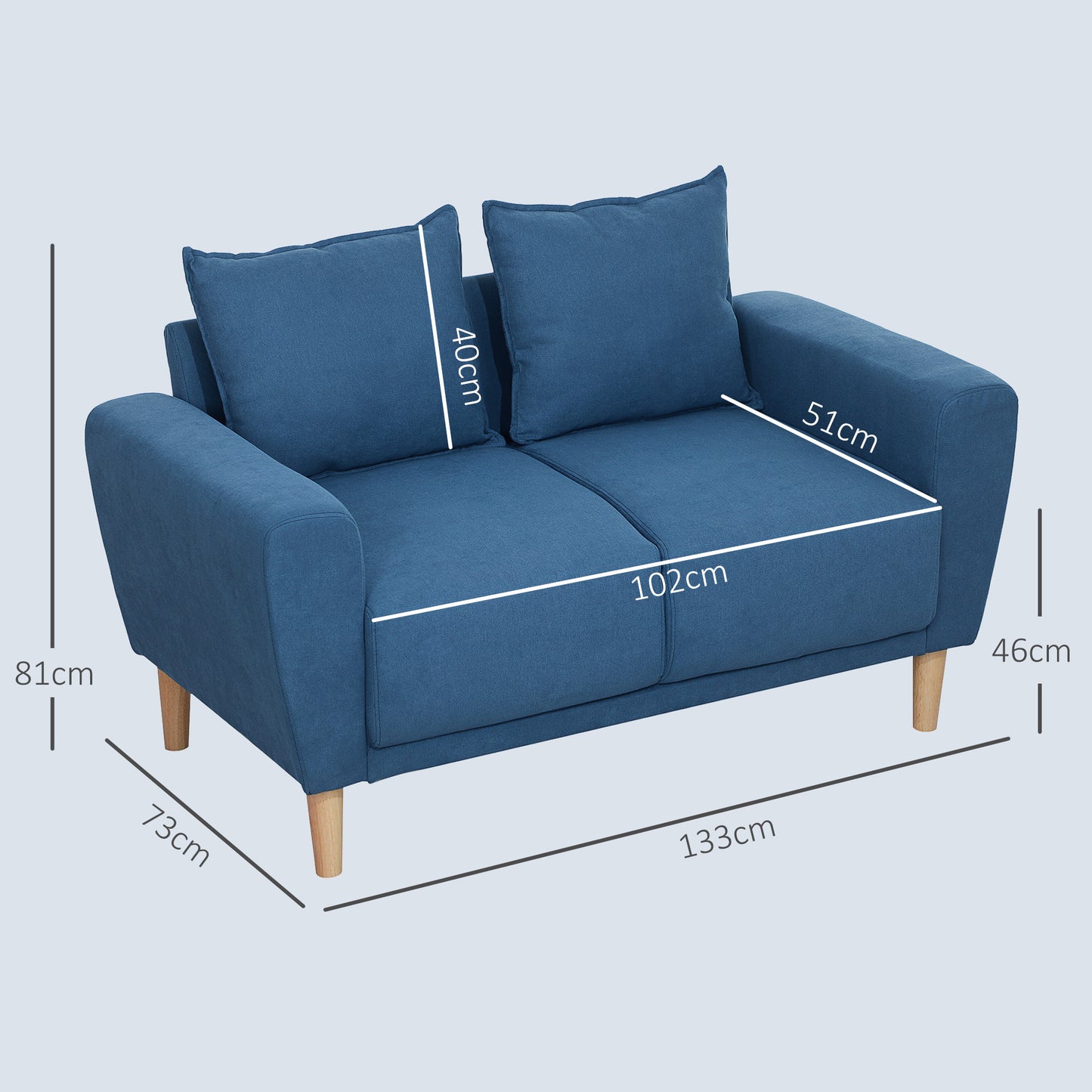 Tweezitsbank – 2-Zitsbank – Loveseat – Sofa – Bankje – Velours Bekleding – Extra Diepe Zit 51 cm – Compact Formaat 133 x 73 x 81 cm – Blauw