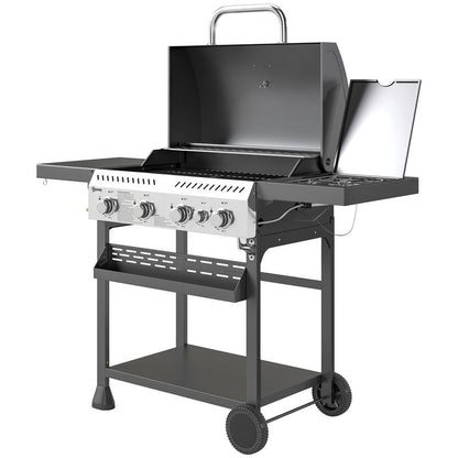 Gasbarbecue – Gas Grill – BBQ Grill – Buitenkeuken – Tafelbarbecue – 4 Hoofdbranders – Zijbrander Met Warmhoudplaat – 135x55x103 cm – Zwart