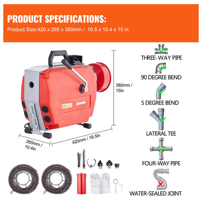 Ontstoppingsmachine – Rioolontstopper – Afvoerontstopper – Drain Cleaner – Kabelontstopper – 120 ft Stalen Kabel – 420W Motorvermogen