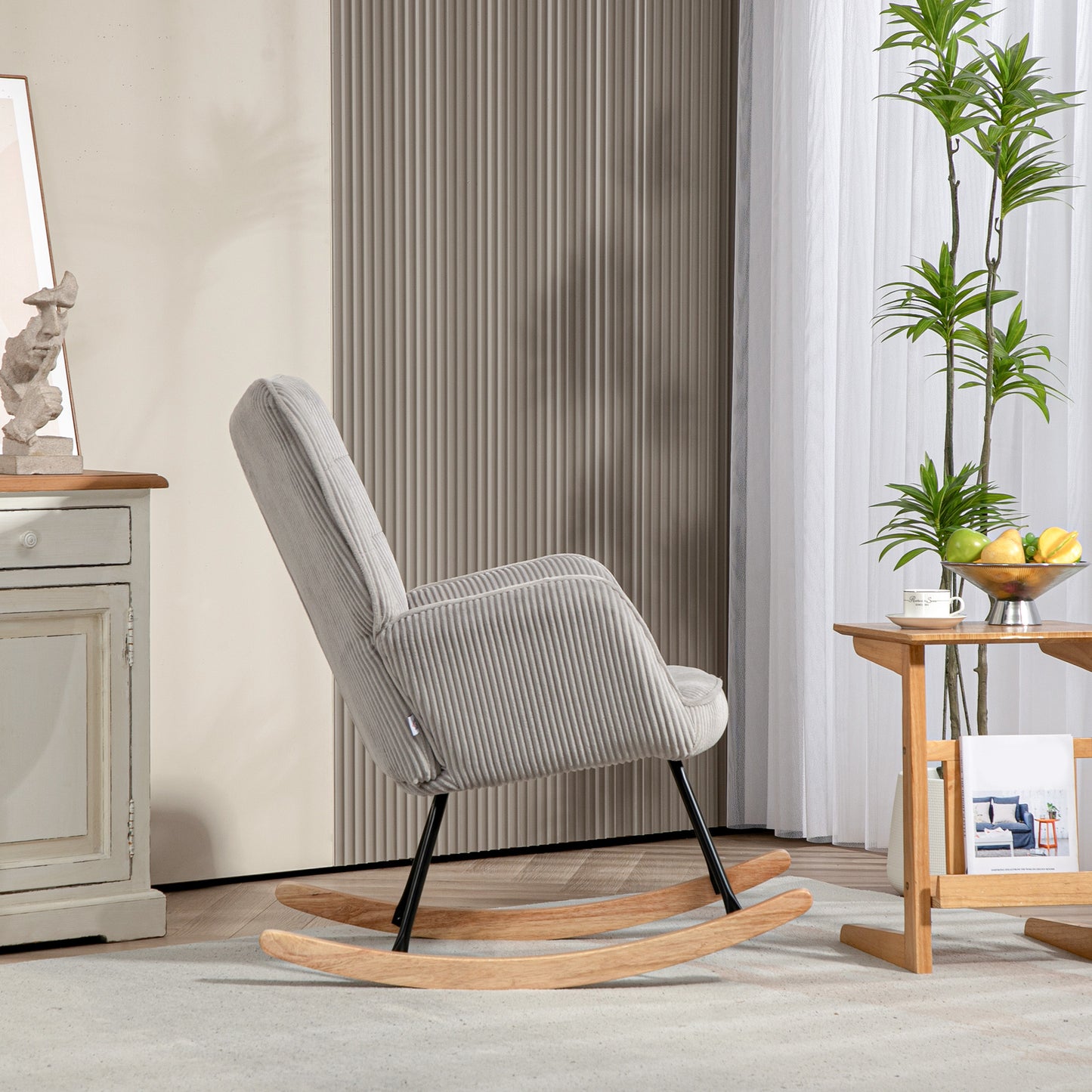 Vintage Schommelstoel – Schommelstoel Fauteuil Stoel Relaxstoel Loungechair – Lichtgrijs – Beukenhout & Staal – Extra Dikke Vulling