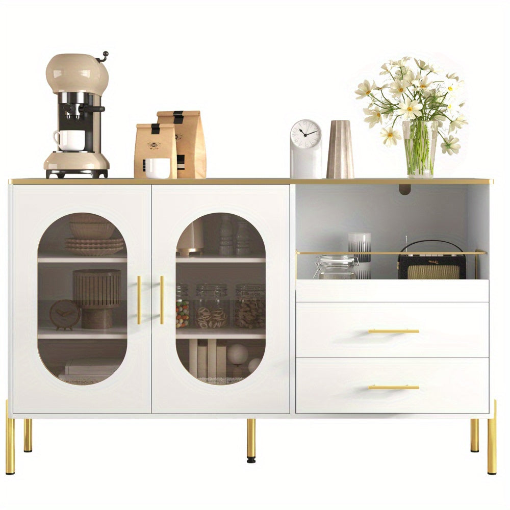 Dressoir – Buffetkast – Ladekast – Sideboard – Opbergkast – Modern Wit Met Gouden Accenten – 2 Glazen Deuren & 2 Lades – Luxe Strakke Afwerking – Stevig & Duurzaam