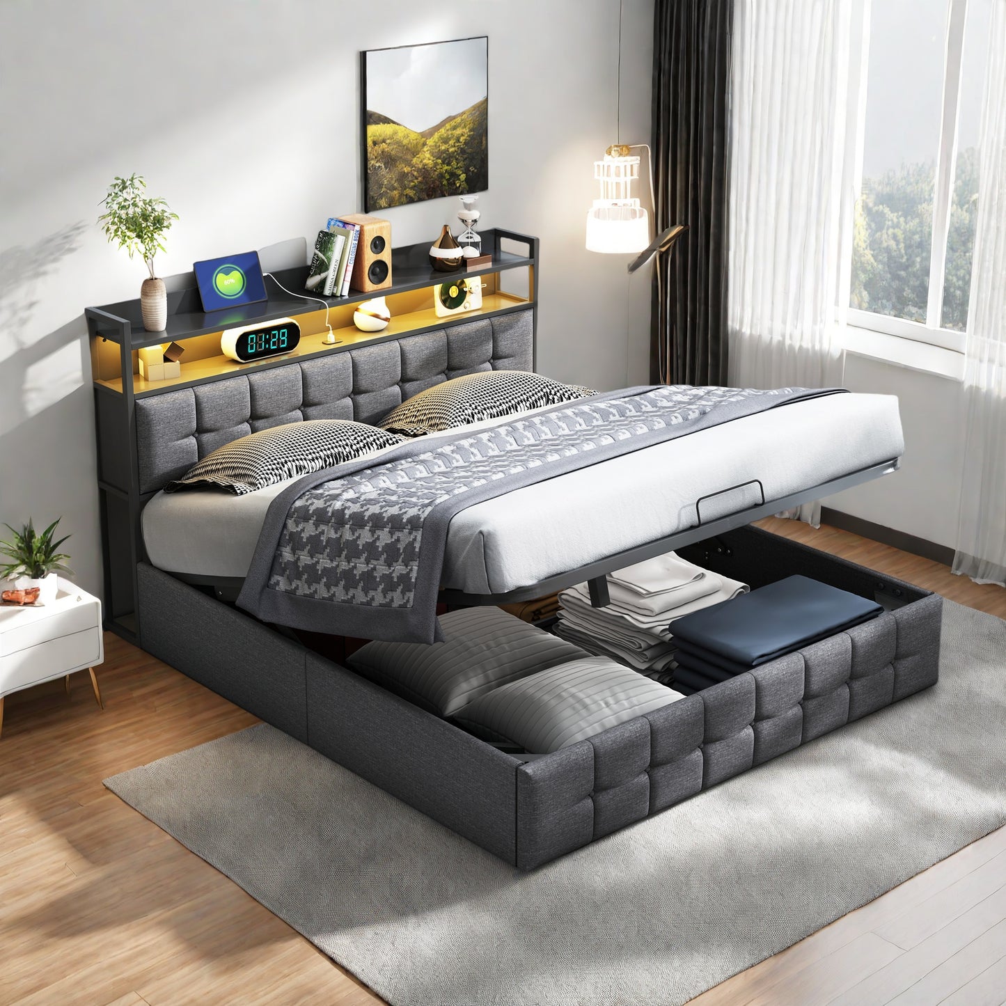 Bedframe – Bedombouw – Tweepersoonsbed – Platformbed – Boxspringvrij – 160x200 cm – Hydraulisch Liftmechanisme – LED-verlichting