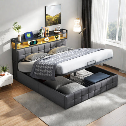 Bedframe – Bedombouw – Tweepersoonsbed – Platformbed – Boxspringvrij – 160x200 cm – Hydraulisch Liftmechanisme – LED-verlichting