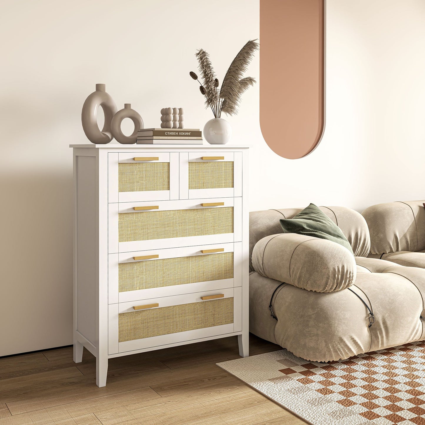Commode – Ladekast – Opbergkast – Dresser – Kastje – 5 Laden – Massief Houten Handgrepen – Metalen Schuifrails – Wit