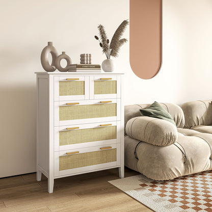 Commode – Ladekast – Opbergkast – Dresser – Kastje – 5 Laden – Massief Houten Handgrepen – Metalen Schuifrails – Wit