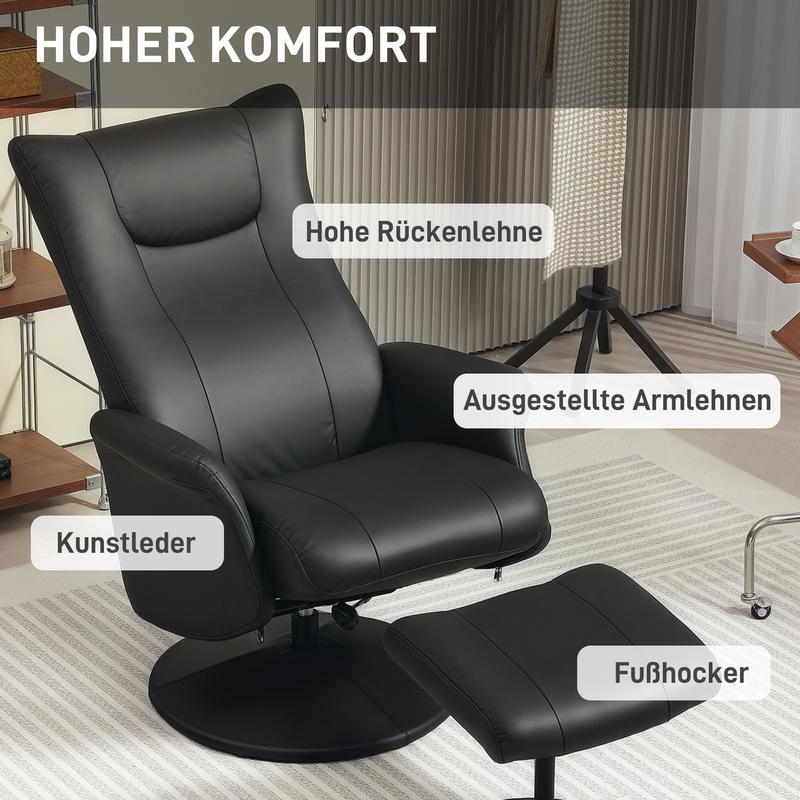 Draaifauteuil – Relaxfauteuil – Lounge Chair – Fauteuil Met Voetenbank – Zwarte Draaistoel – Ergonomisch Verstelbare Rugleuning – Massief Houten En Metalen Frame 150kg Capaciteit