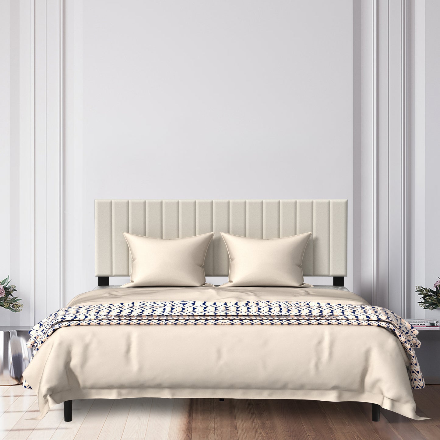 Metalen Bedframe – Metaal Ledikant – IJzeren Bed – Bedframe Eenpersoons – Minimalistisch Bed – Gestoffeerd Hoofdbord – 90x200 cm – Draagkracht 300 kg – Voorgemonteerd – Zwart Frame Beige Fluwelen Hoofdbord