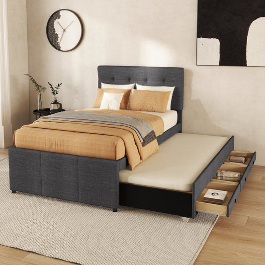 Bedframe – Eenpersoonsbed – Kinderbed – Gestoffeerd Bed – Bed met Opbergruimte – 90x200 cm – Verstelbaar Hoofdeinde – Grijs Linnen