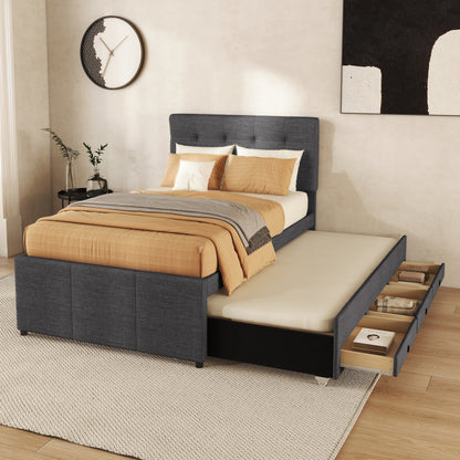 Bedframe – Eenpersoonsbed – Kinderbed – Gestoffeerd Bed – Bed met Opbergruimte – 90x200 cm – Verstelbaar Hoofdeinde – Grijs Linnen