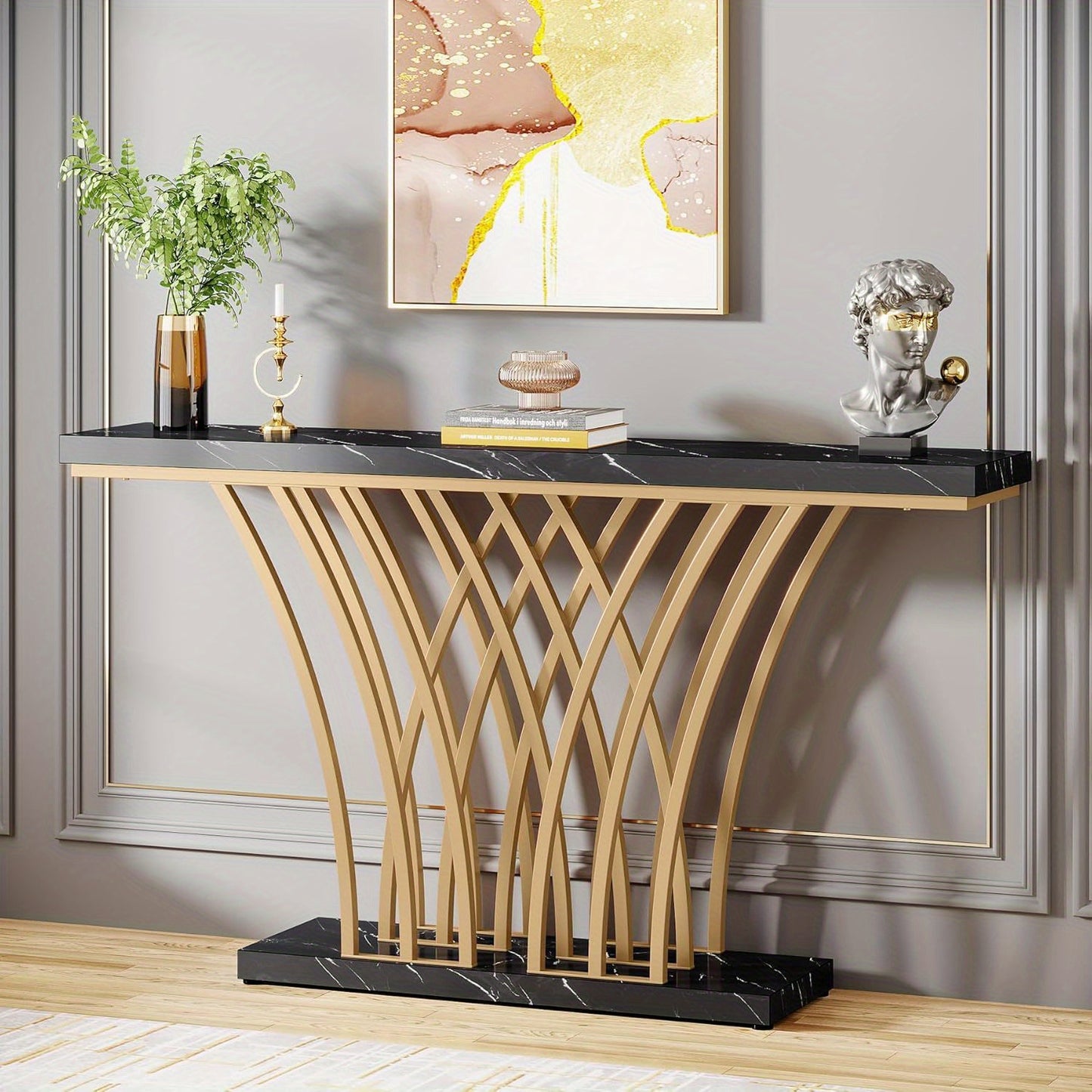 Sidetable – Console Tafel – Entree Tafel – Halmeubel – Woonkamer Meubel – Zwart Met Gouden Accenten – 150 cm Lang Met Stevig Metaal Frame