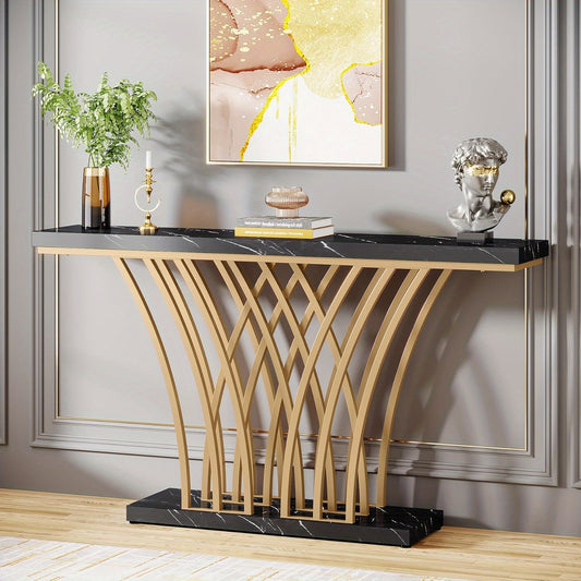 Sidetable – Console Tafel – Entree Tafel – Halmeubel – Woonkamer Meubel – Zwart Met Gouden Accenten – 150 cm Lang Met Stevig Metaal Frame