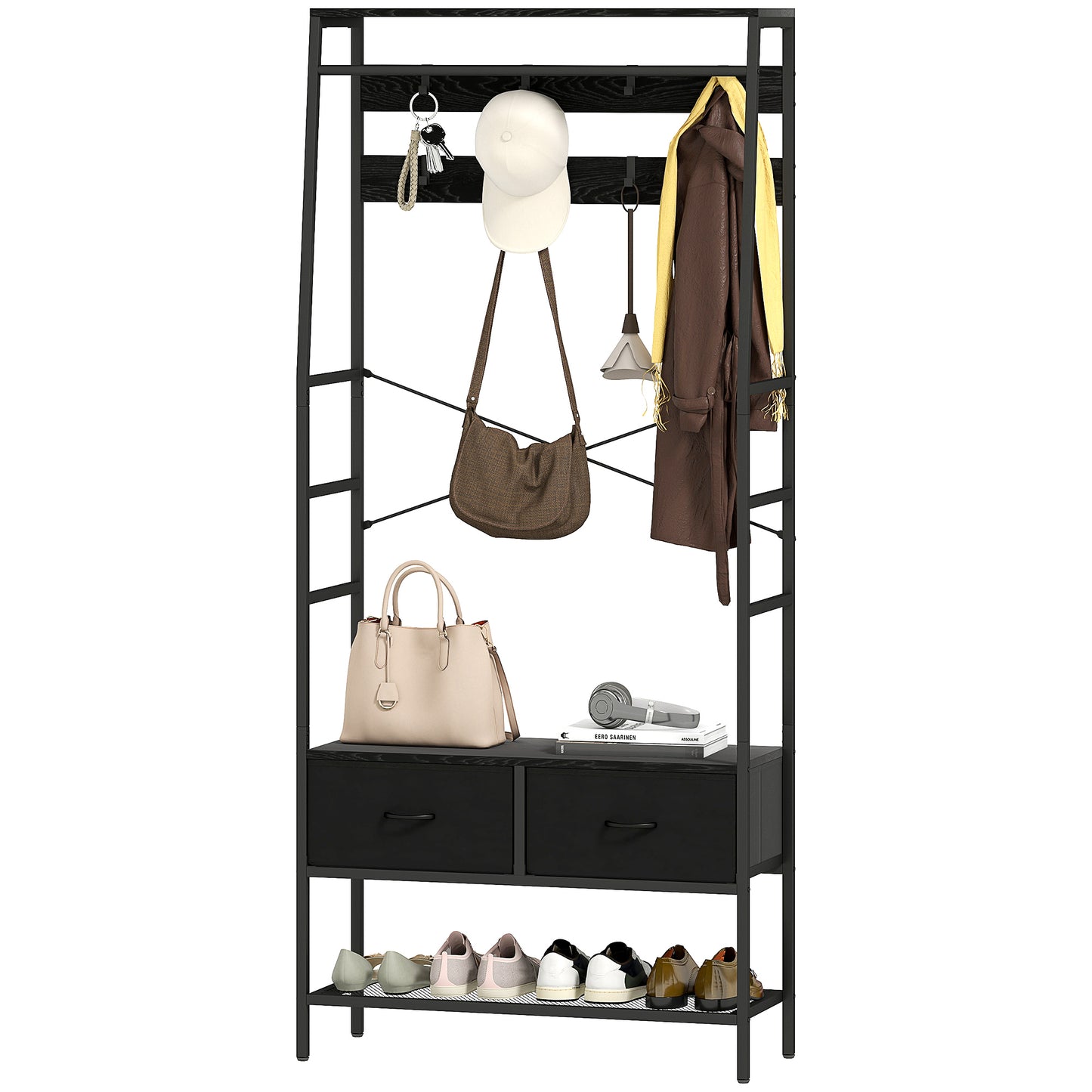 Kledingrek – Garderoberek – Kapstok – Kledingstandaard – Dressboy – Industrieel Design – Metaal – 2 Stoffen Lades – 8 Haken – Schoenenrek – Zwart – 80x30x180 cm – Stevig & Ruimtebesparend