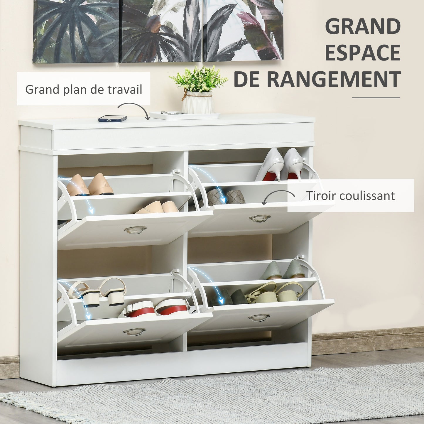 Schoenenkast – Schoenenrek – Schoenopbergmeubel – Schoenenkast – Schoenenhouder – Wit MDF – 4 Vouwdeuren – Ruime Opbergruimte – Compact Design 98x24x83 cm