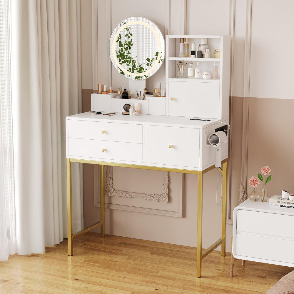 Grote Kaptafel – Make-uptafel – Dressing Table – Toilettafel – Schminktisch – Met 3 Lades en 1 Deur – Inclusief Spiegel en Open Opbergruimte – Wit 80x134x40 cm
