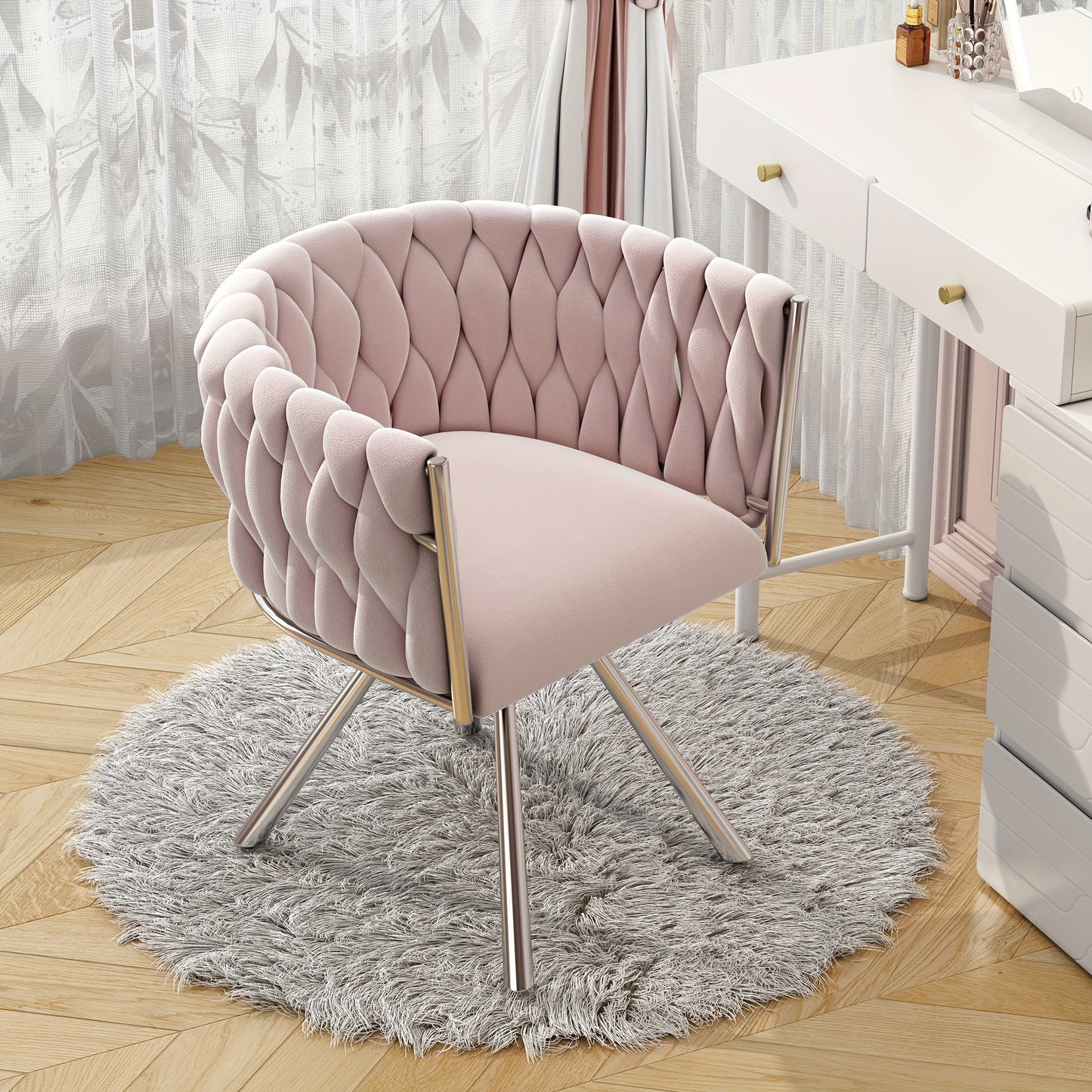 Draaistoel – Kuipstoel – Eetkamerstoel – Fauteuil – Kaptafelstoel – Velvet Bekleding – 360° Draaibaar – Met Metalen Poten – Roze