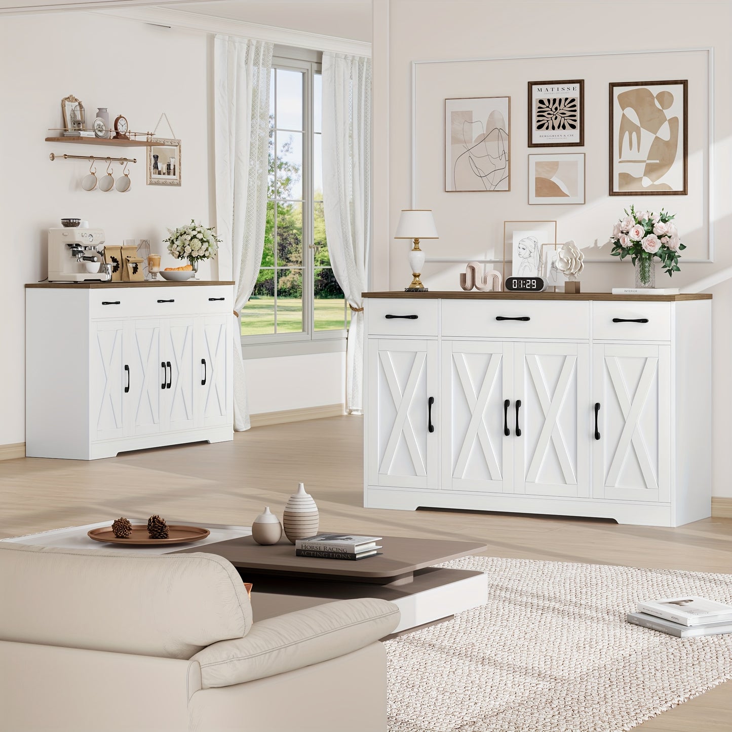 Sideboard – Dressoir – Kast – Opbergkast – Buffetkast – Wit Met Bruin Hout – 140 cm Breed – Verstelbare Planken – Kantelbeveiliging