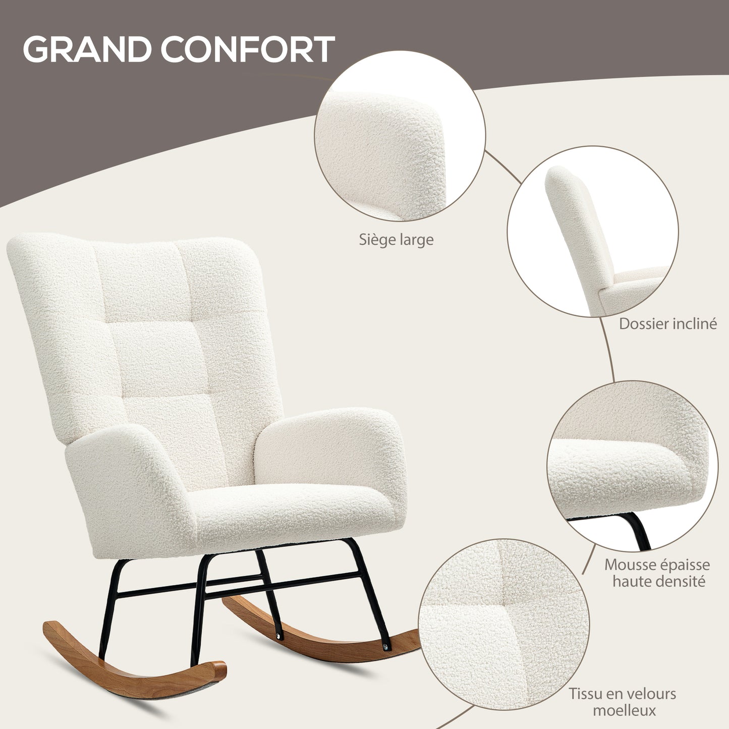 Schommelstoel – Relaxstoel – Fauteuil – Voedingsstoel – Loungestoel – Wool-Effect Stof – Stevig Rubberwood Onderstel – 70x94x100 cm
