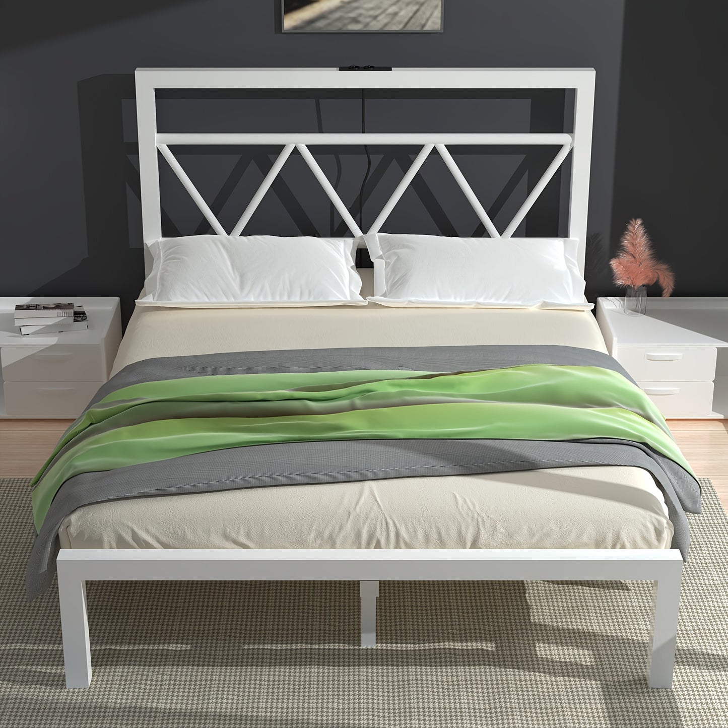 140x200 cm Eenpersoonsbed Frame met Oplaadstation – Metalen Platformbed met Hoofdeinde – Wit, Modern en Minimalistisch