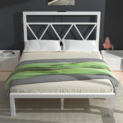 140x200 cm Eenpersoonsbed Frame met Oplaadstation – Metalen Platformbed met Hoofdeinde – Wit, Modern en Minimalistisch