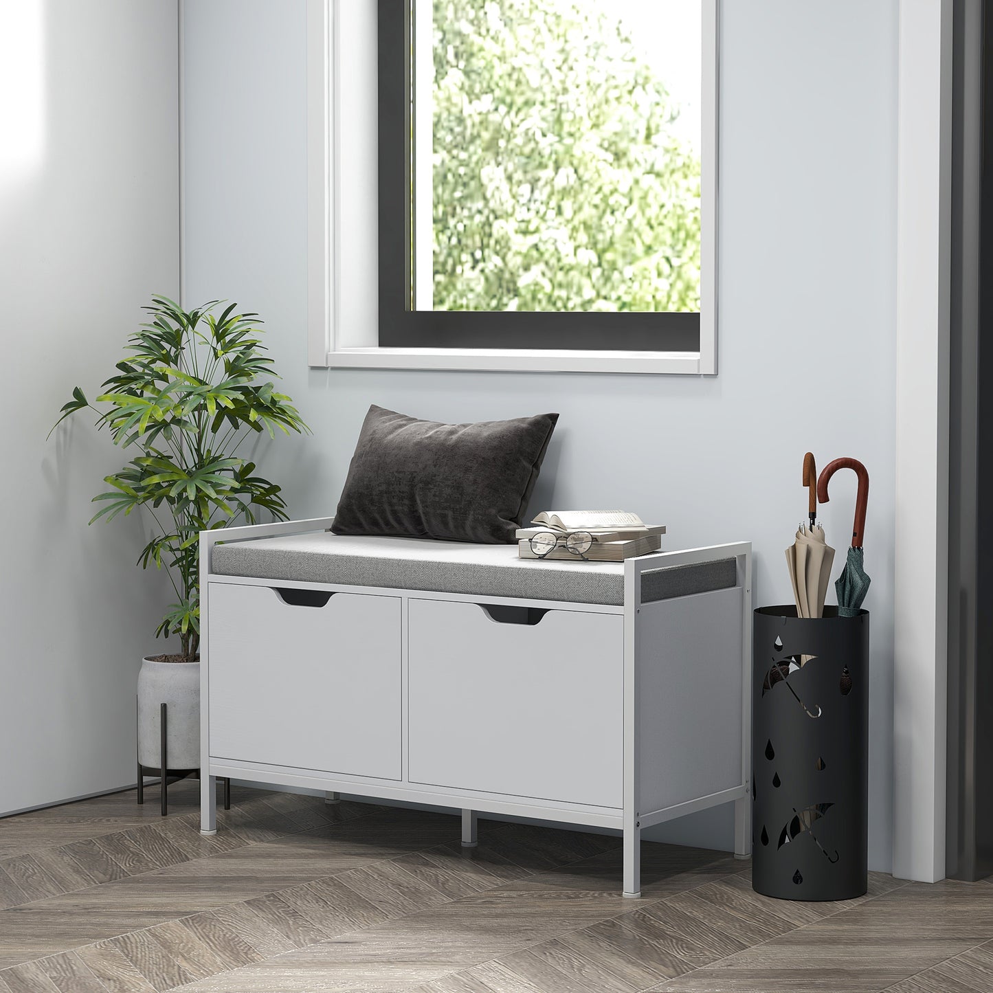 Schoenenkast – Schoenenbank – Schoenenrek – Opbergbank – Halmeubel – Wit – 2 Deuren – Comfortabel Zitkussen