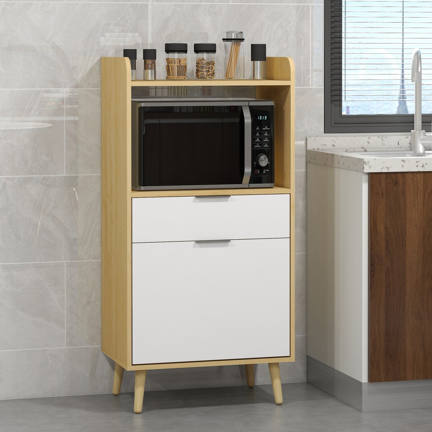 Keukenkastje – Keukenkast – Keukenmeubel – Opbergkast – Magnetronkast – Scandinavisch design – Verstelbare plank – 58 x 40 x 118 cm – Spaanplaat en massief hout