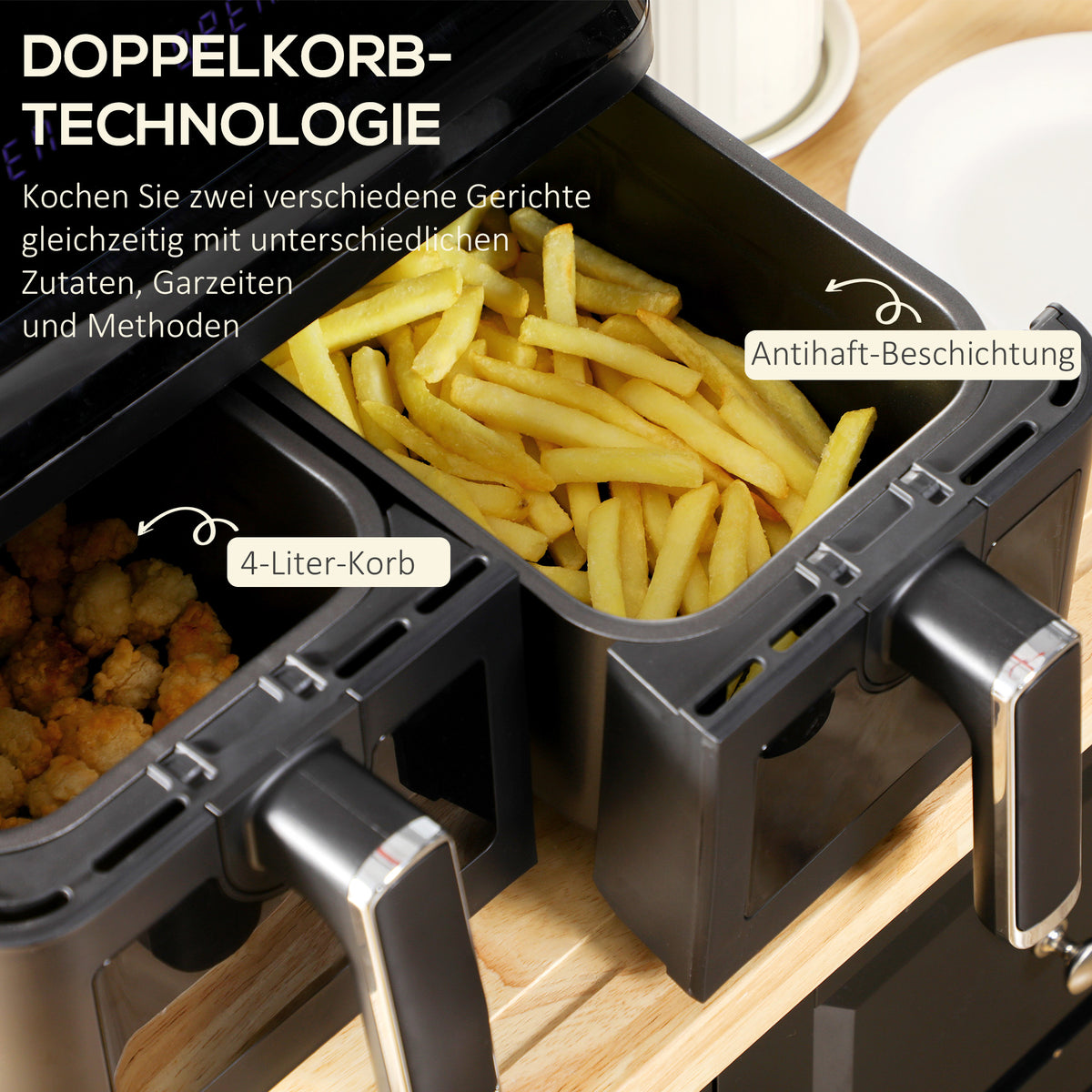 Heteluchtfriteuse – Airfryer – Friteuse – Luchtfriteuse – Dubbele Mand – 2x4L Manden – 8 Programma’s – Timer en Licht – Zwart – Compact formaat