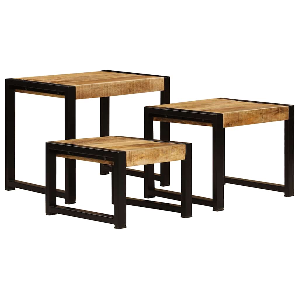 Set Van 3 Tafels – Bijzettafel – Nachtkastje – Salontafel – Tafel – Massief Mangohout – Stalen Frame – Ruimtebesparend – Uniek Bruin