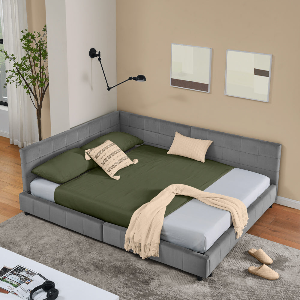 Hoekbankbed – Slaapbank – Bedbank – Loungesofa – Bedbank Hoek – Donkergrijs Velvet – 160x200 cm Tweepersoonsbed – Massief Eucalyptus Hout & IJzeren Frame