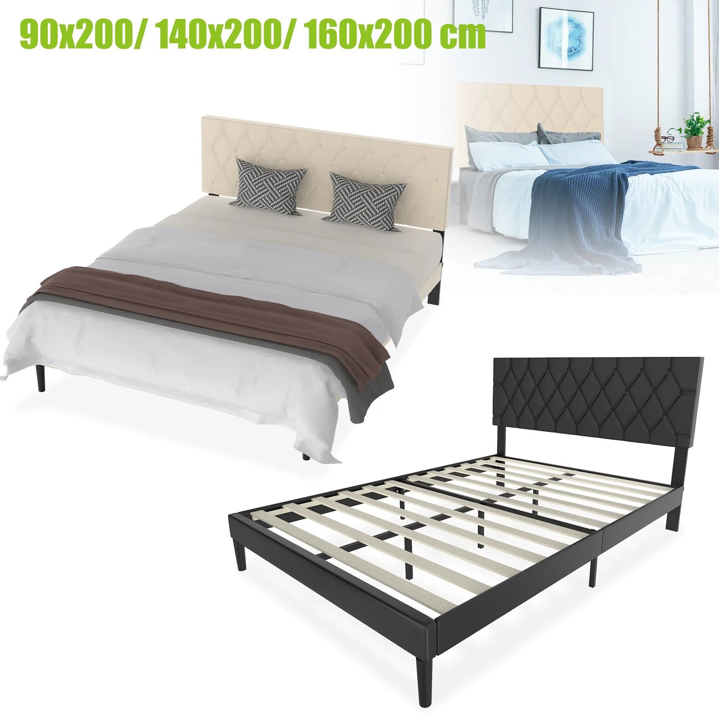 Modern Upholstered Bed: 90/140/160x200 cm with Soft Fabric, Sleek Minimalist Style, and 300kg Load Capacity in Black/Beige Leather style