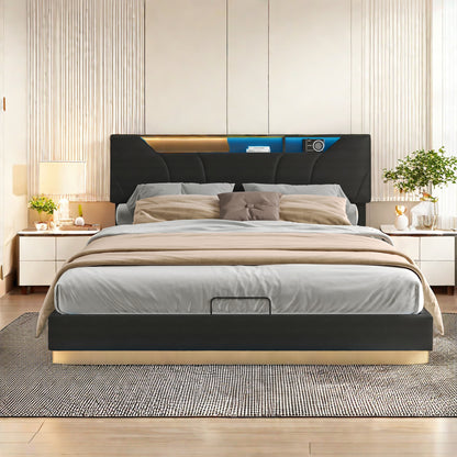 Gestoffeerd Bed – Tweepersoonsbed – Opbergbed – Led Sfeerverlichting Bed – Bed Met USB Oplader – 140x200 cm – Opbergruimte Met Hydraulische Gasveren – Lattenbodem & Zwart PU-Leder