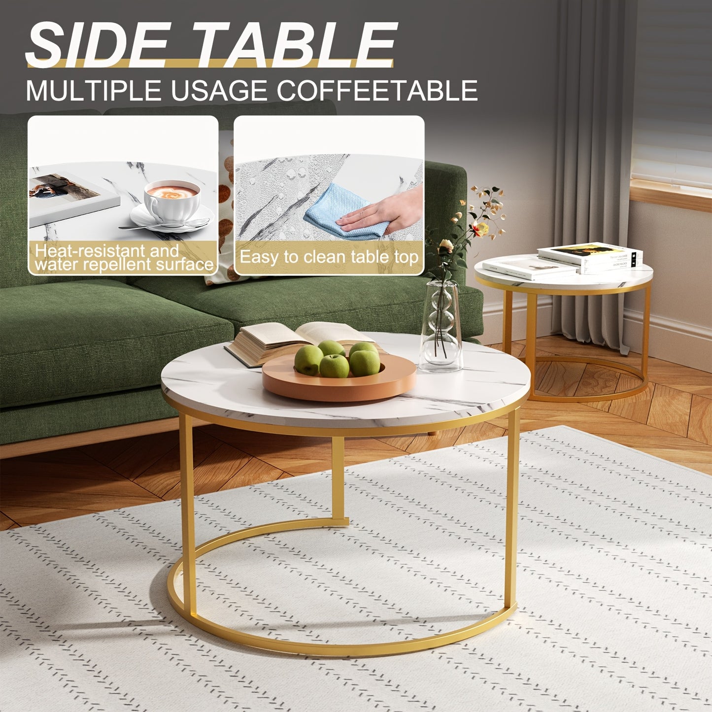 Salontafel – Bijzettafel – Woonkamertafel – Koffietafel – Nestbare Tafelset – Wit Marmerlook – Zwart Metalen Frame
