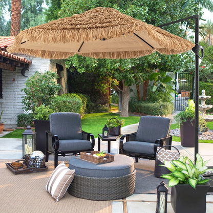 Cantilever Parasol – Zweefparasol – Hangparasol – Patio Parasol – Tiki Parasol – Tropische PE-thatch Dakbedekking – Ventilerend Dubbel Lagen Ontwerp – Ø 283 cm Bruin