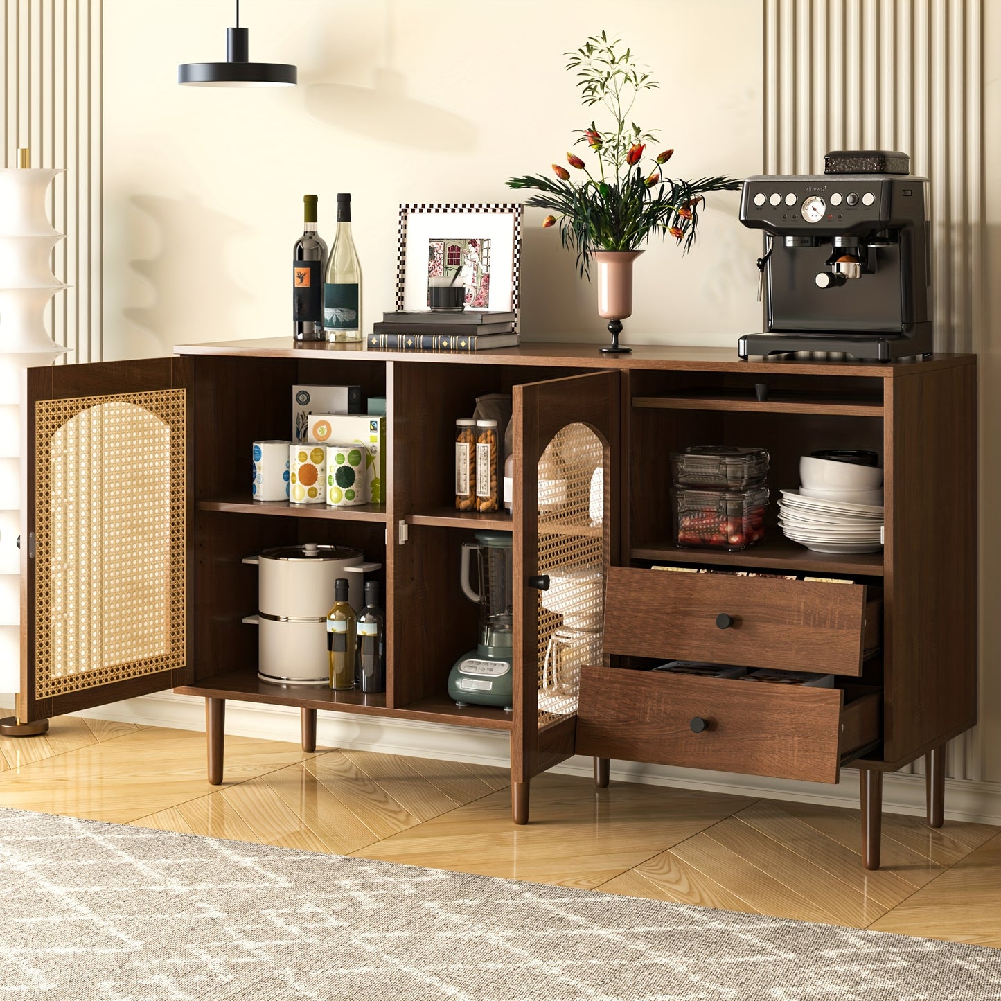 Rustic Sideboard With Rattan Doors - 130 X 75.5 X 40 Cm - Magnetic Suction Cups, Adjustable Shelves, Solid Structure - Elegant And Versatile Design, Storage Drawer Units