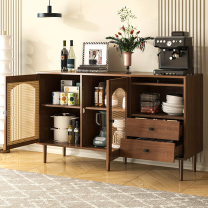 Rustic Sideboard With Rattan Doors - 130 X 75.5 X 40 Cm - Magnetic Suction Cups, Adjustable Shelves, Solid Structure - Elegant And Versatile Design, Storage Drawer Units