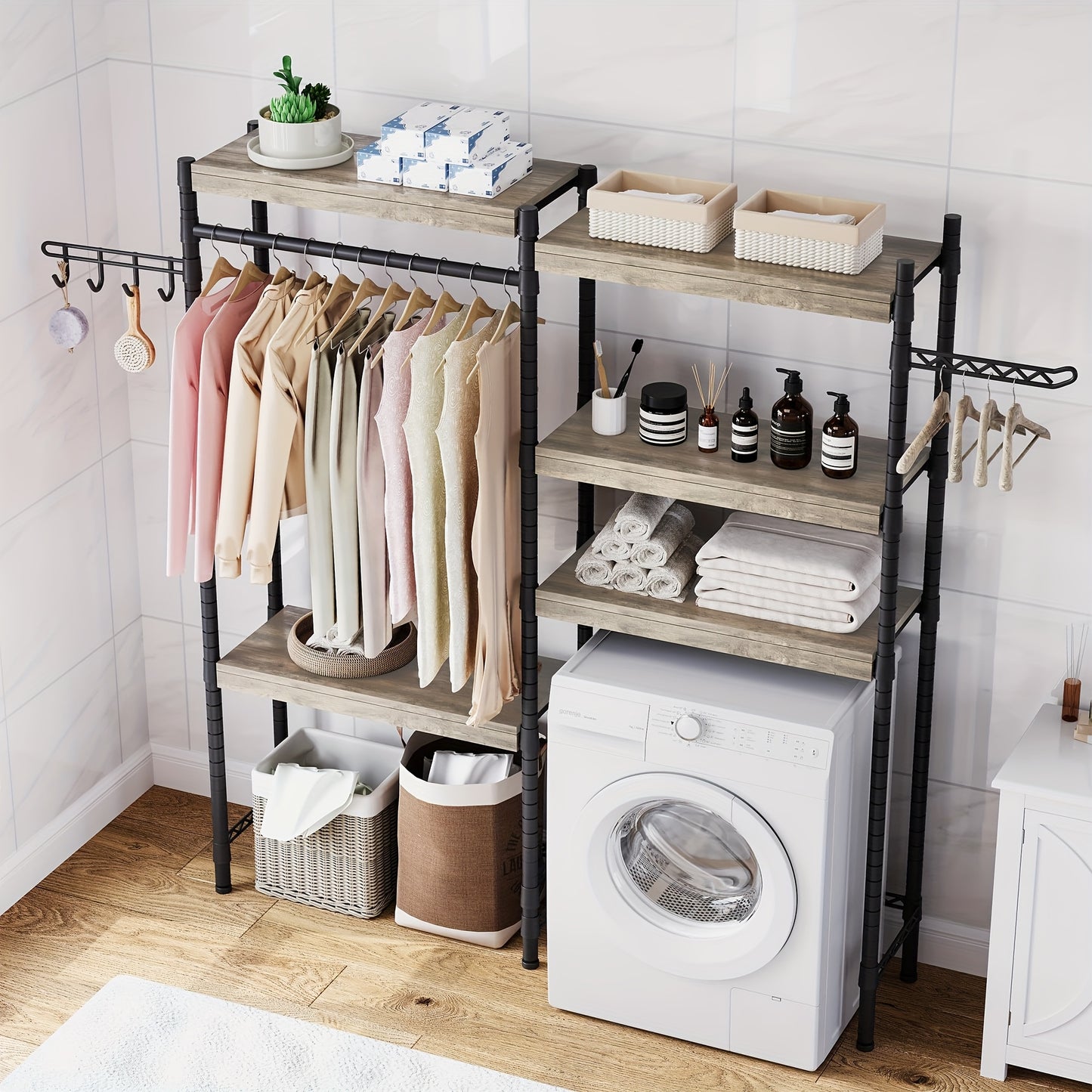 5-Tier Heavy-Duty Over-The-Washer & Dryer Storage Shelf with Drying Racks - Space-Saving Laundry Room Organizer, Freestanding Multi-Shelf Unit with Hanging Rods, Washer/Dryer Compatible Cabinet for Home (Easy Assembly)