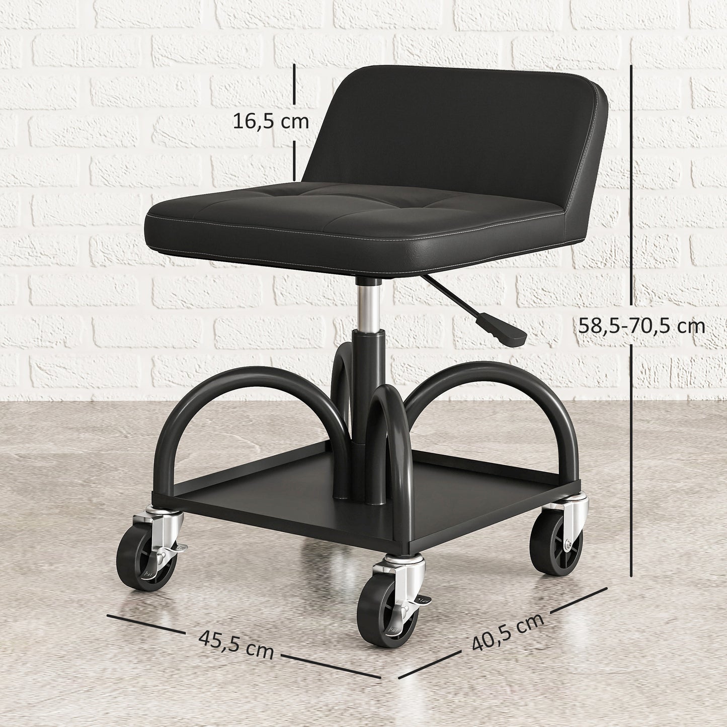 Werkplaatskruk – Werkkruk – Werkbankkruk – Werkstoel – Wielenkruk – Met Opbergrek – 58,5 cm Hoog – Draagvermogen 135 kg – Zwart Metalen Frame